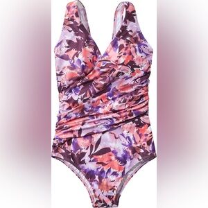 L.L.Bean Royal Plum Floral Shaping One Piece Tanksuit UPF 50+ Size 14 Long